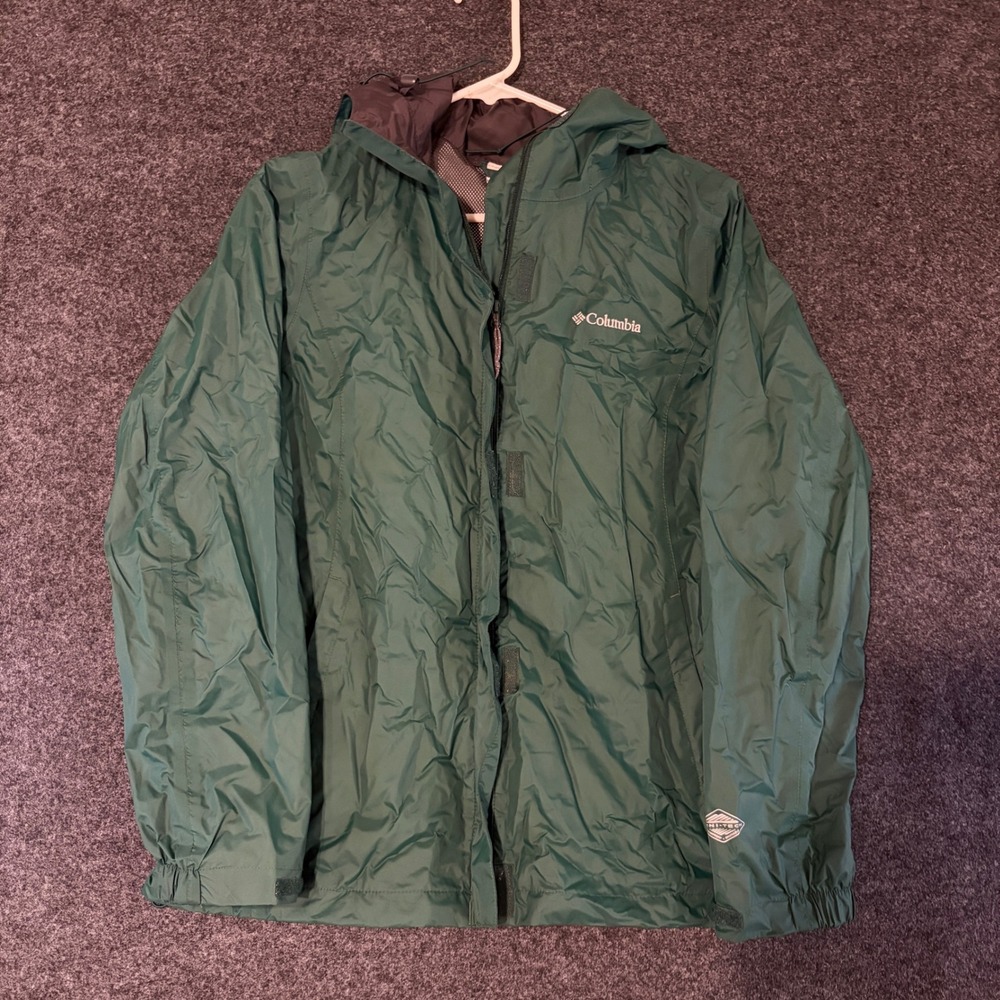 Columbia Mens Omni-Tech Waterproof Rain Jacket Green Hooded Shell Small